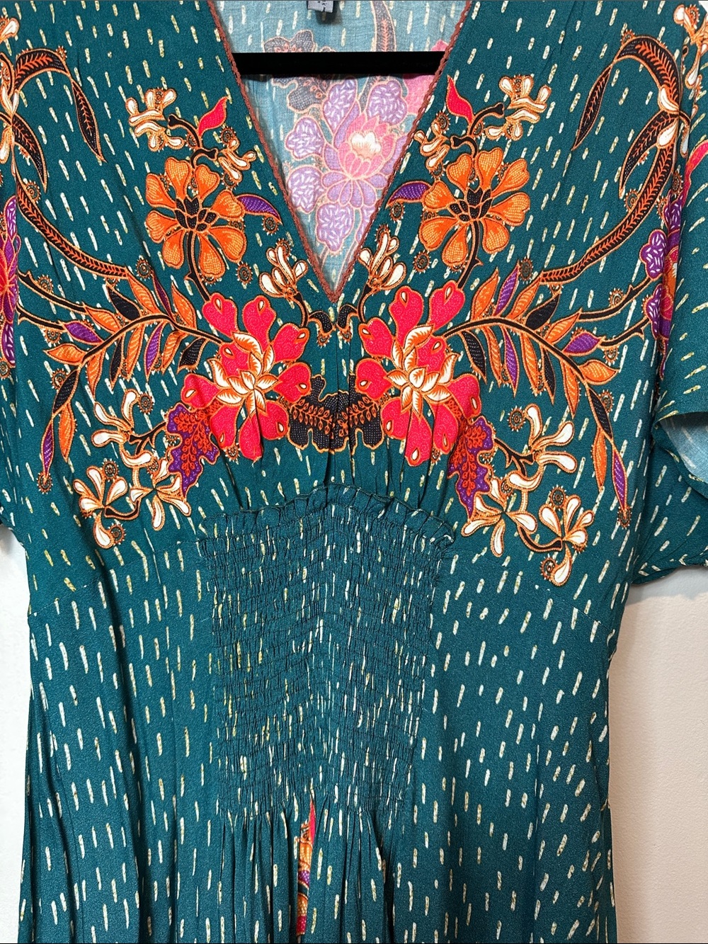 Anthropologie BL^NK London Boho Floral Midi Dress One Size Teal Smocked Waist - Picture 4 of 12